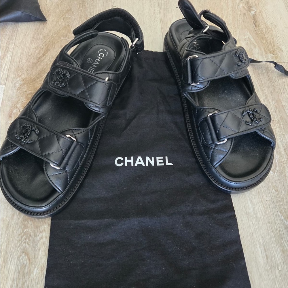 CHANEL Black Quilted Velcro Sandals